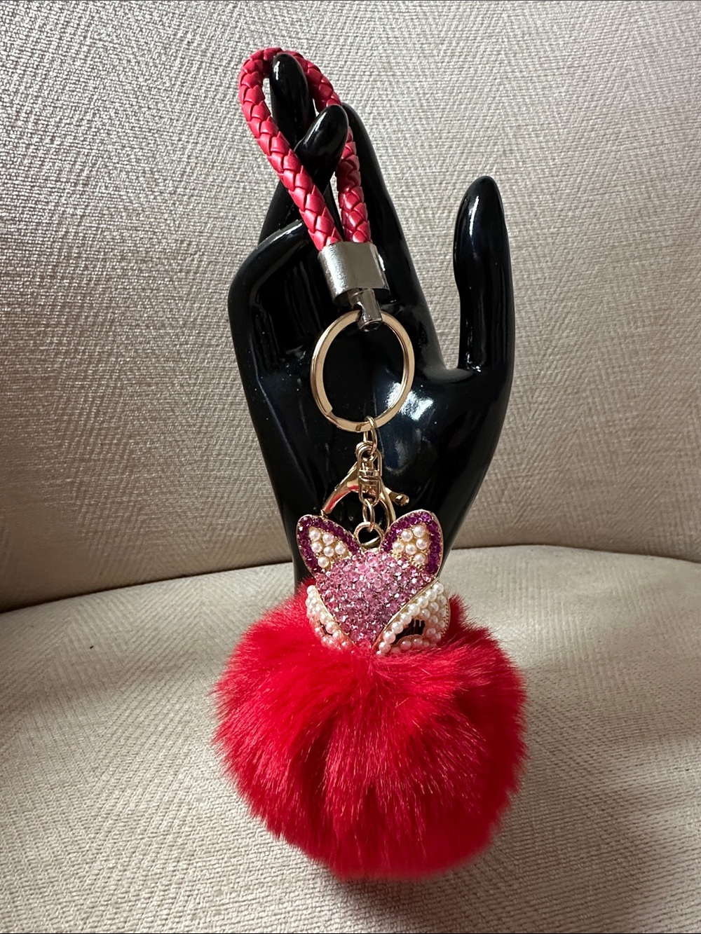 Plush Red Fox Pom-Pom Keychain Bag Bag Charm with Crystal Accent